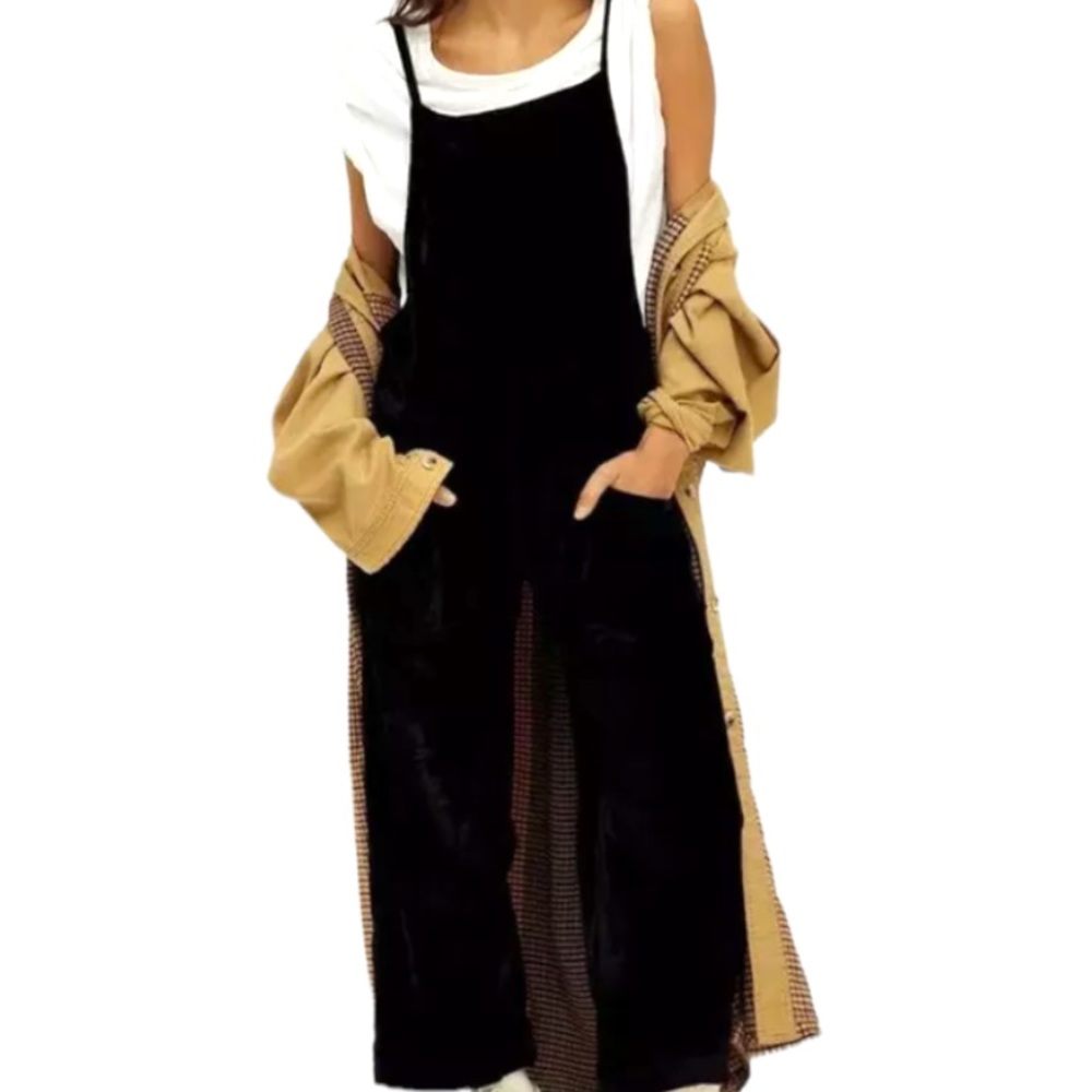 Free People Weekender Black Velvet Overalls Jumpsuit size XS